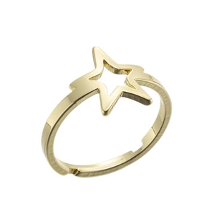 Adjustable golden stainless steel open ring with hollow star design on white background