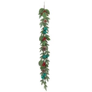 Peacock green Christmas garland with pine needles, cones, and red berries on white background