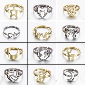 Hollow Geometric Rings Stainless Steel Adjustable Open Star Moon Heart Jewelry For Women Vintage Fashion Style