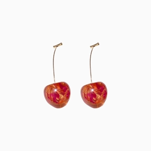 Cute resin cherry earrings with dried flowers on white background for women
