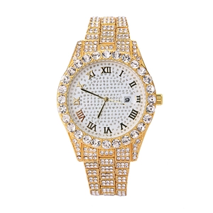Gold quartz watch for women with full crystal inlay, Roman numerals, and date window display
