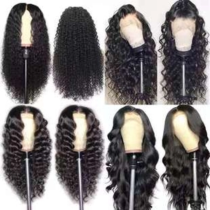 Detailed grid showing eight styles of black curly synthetic wigs with deep wave textures