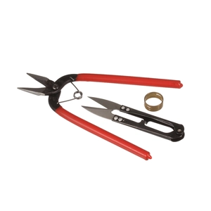 Three-piece craft tool set including red diagonal pliers, U-shaped snips, and brass thimble