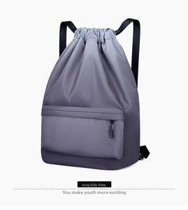 Zaino grigio in nylon impermeabile con coulisse, tasca a zip e dettagli laterali