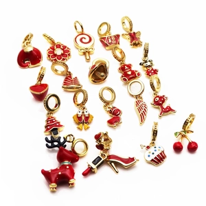 16pcs red and gold enamel charms including deer, candy, and cherry for DIY bracelets
