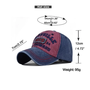 Detailed size measurement view of red and blue cotton baseball cap with 3D embroidery