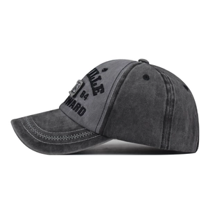 Distressed dark grey cotton baseball cap with NYS embroidery and side patch details