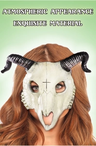 Detail view of 3D ram skull mask with black spiral horns for cosplay party costumes