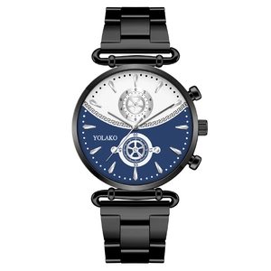 YOLAKO stylish quartz watch with blue white split dial and black metal link strap