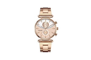Detail of rose gold watch with Greek fret pattern and dual-tone dial texture