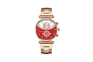 Detail of rose gold ladies watch featuring a red and white dual-tone dial with Greek key pattern