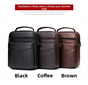 Three men's leather shoulder bags in black, coffee, and brown with lychee texture