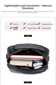 Internal structure of leather crossbody bag showing compartments for tablet and essentials