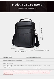 Detailed size chart and specifications for the vertical genuine leather crossbody bag