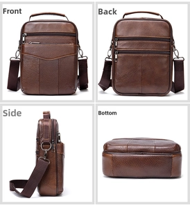 Detailed four-way view showing front, back, and sides of a brown leather crossbody bag