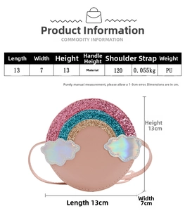 Detailed size specifications for kids rainbow princess crossbody bag showing dimensions