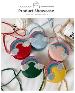 Detailed overhead view of round colorful girls' rainbow crossbody bags with glitter patches
