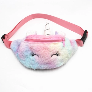 Rainbow plush unicorn waist bag for girls with silver spiral horn and pink strap