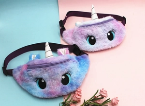 Detail of plush unicorn waist bags with glitter ears and gradient faux fur for girls