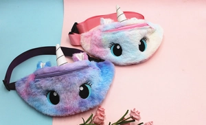 Detail of plush unicorn fanny packs with sequins horns and adjustable rainbow straps