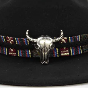 Black wool felt jazz hat with ethnic braided band and silver bull skull metal ornament