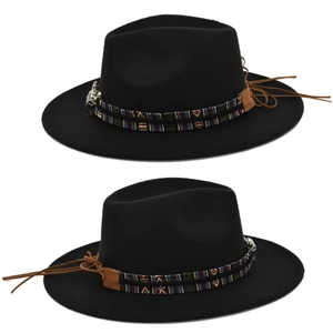Detail of black wool fedora featuring ethnic woven band and leather drawstring accents