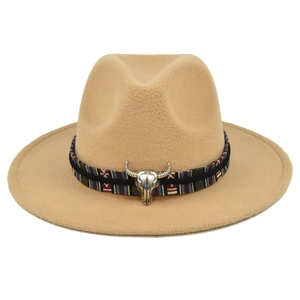 Beige wool Fedora hat with ethnic woven band and silver metal bull head ornament
