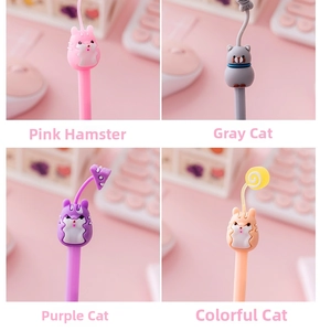 Detail view of four cute cartoon cat gel pens with pink, grey, purple and orange themes