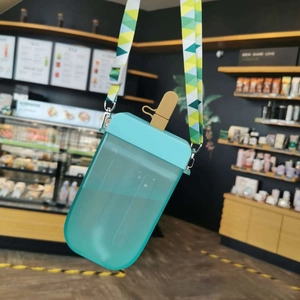 Detail view of popsicle-shaped water bottle with a mint green finish and nylon strap