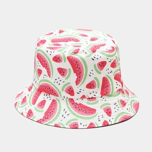 Detailed close-up showing the watermelon print pattern and fabric texture of bucket hat