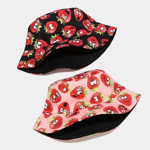 Black and pink bucket hats set with cartoon strawberry prints for summer outdoor sun shade