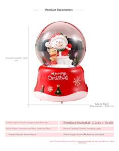 Detail view of 12cm Christmas snow globe music box with dimensions and features