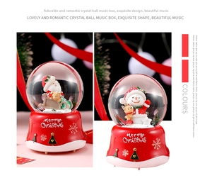 Detail of Christmas music box featuring Santa Claus and snowman in a crystal snow globe