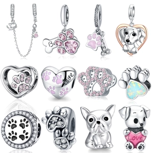 Pet Paw Print Charms 925 Sterling Silver Cute Dog Cat Animal Heart Beads For DIY Bracelet Jewelry Making