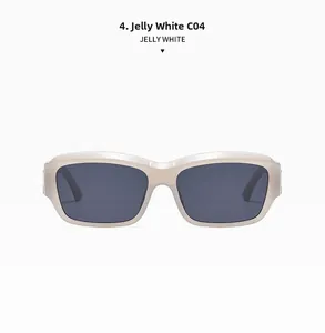 Close-up of retro rectangular sunglasses in jelly white finish with dark grey lenses