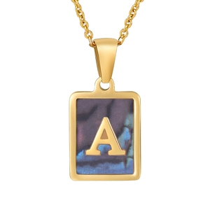 Golden square stainless steel necklace featuring a letter A pendant with iridescent shell