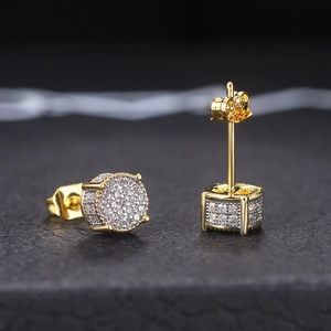 Hip hop men's round micro-paved zircon stud earrings with gold plating and butterfly back