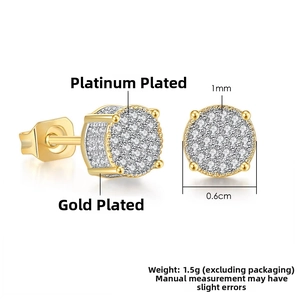 Detail view of 0.6cm hip hop stud earrings with micro-paved white zircon and gold plating