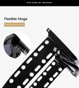 Detail der flexiblen Scharniere und Lackierung an der schwarzen hohl geschnittenen Sonnenbrille