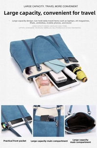 Detail showing the large capacity of a two-tone canvas tote bag for daily essentials