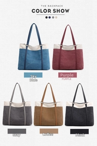 Color options for multi-purpose canvas tote bags featuring blue, purple, gray, and black designs