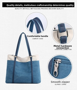 Detail view of contrast canvas tote featuring heavy-duty hardware and faux leather handles