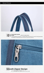 Detail view of blue canvas tote bag showing reinforced stitching and smooth metal zipper