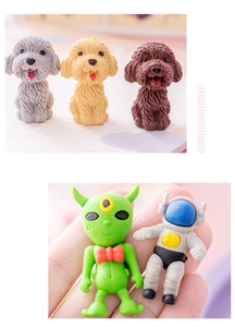 Detailed view of mini dog and alien shaped erasers showing compact size and cute textures