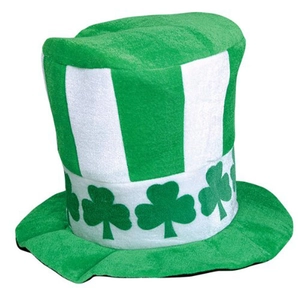 Green and white striped velvet St. Patrick's Day top hat with shamrock print