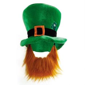 Detail of St. Patrick's Day green velvet top hat with orange beard and shamrock pattern