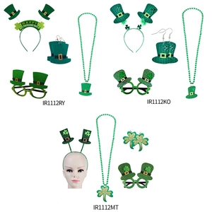 Detailed set of St. Patrick's Day clover hats, beaded necklaces and festive glasses