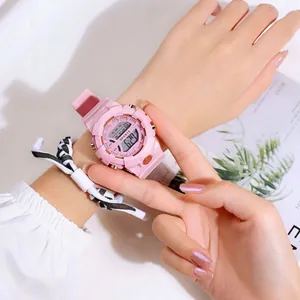 Pink digital sports watch with large display and silicone strap for students