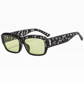 Detailed side view of marble pattern rectangular sunglasses with silver metal hinges