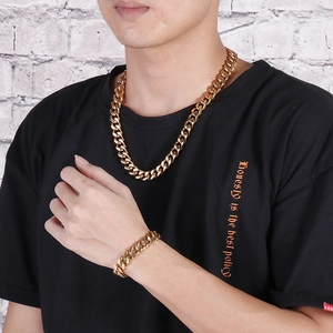 Men's golden stainless steel Cuban chain necklace and bracelet set in punk hip-hop style